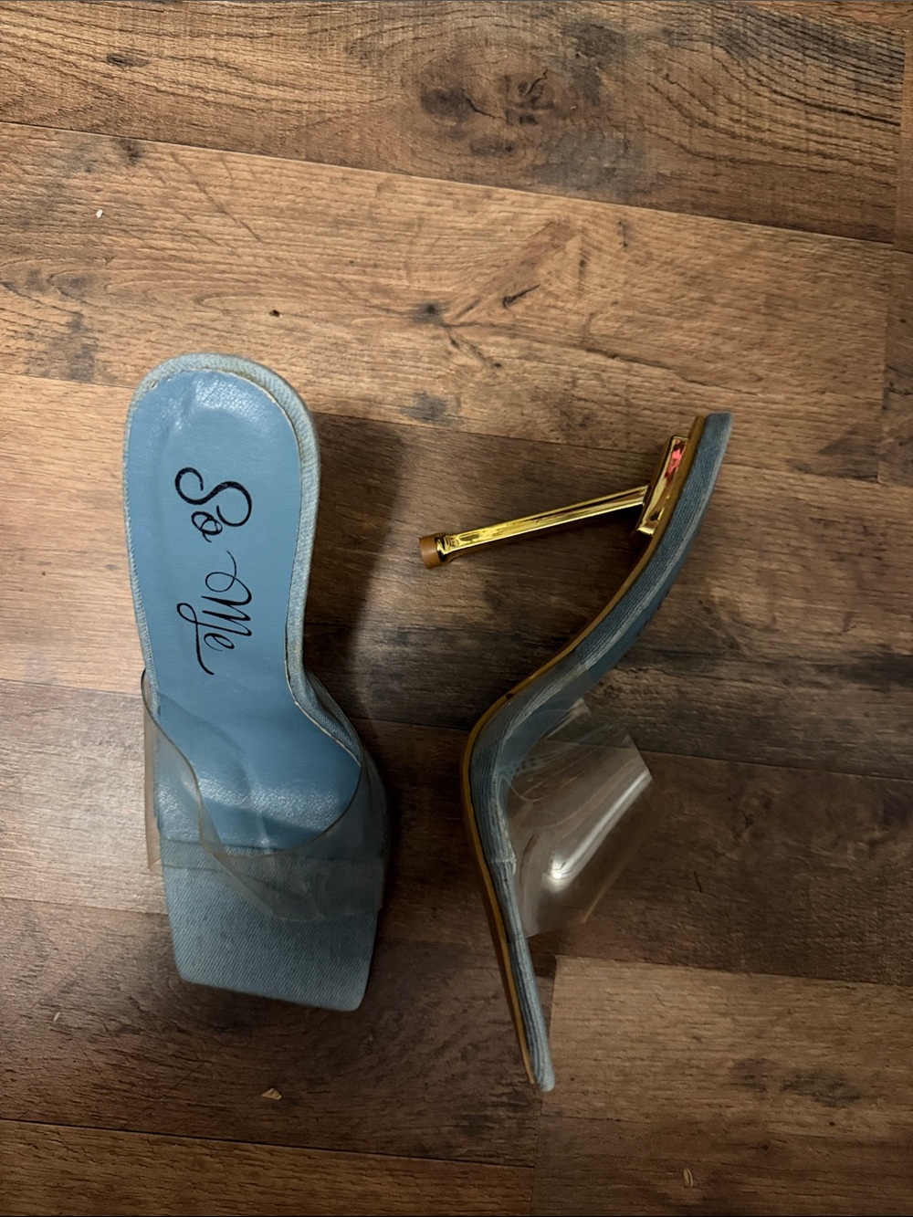 So Me Light Blue PVC Strap Gold Stiletto Sandals